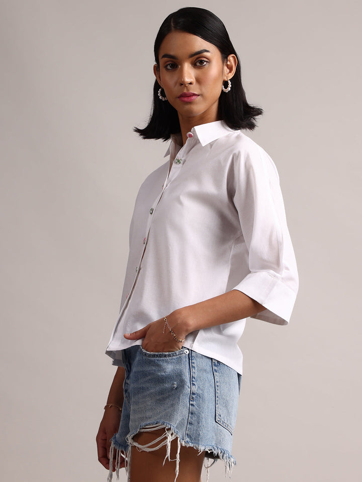 White Cotton Solid Shirt Style Top  - By Janasya