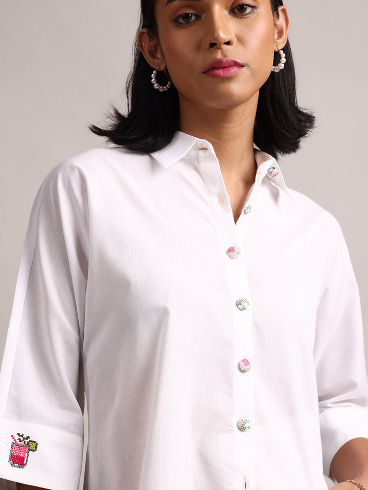 White Cotton Solid Shirt Style Top  - By Janasya