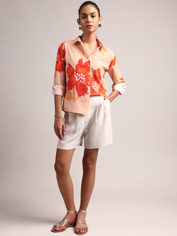 Peach Cotton Floral Shirt Top  - By Janasya