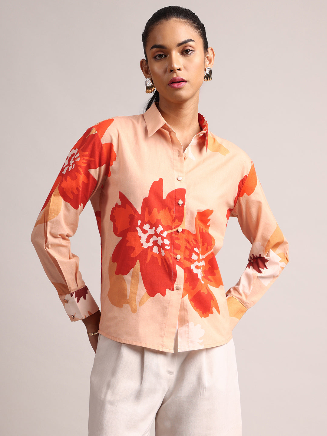 Peach Cotton Floral Shirt Top  - By Janasya