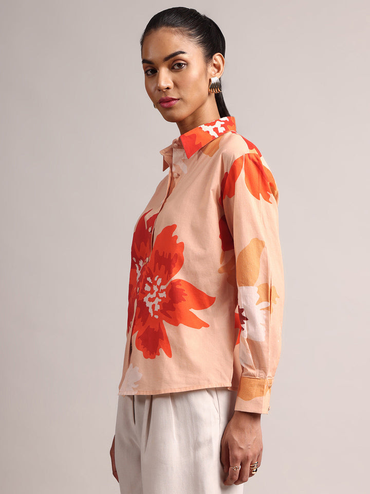 Peach Cotton Floral Shirt Top  - By Janasya