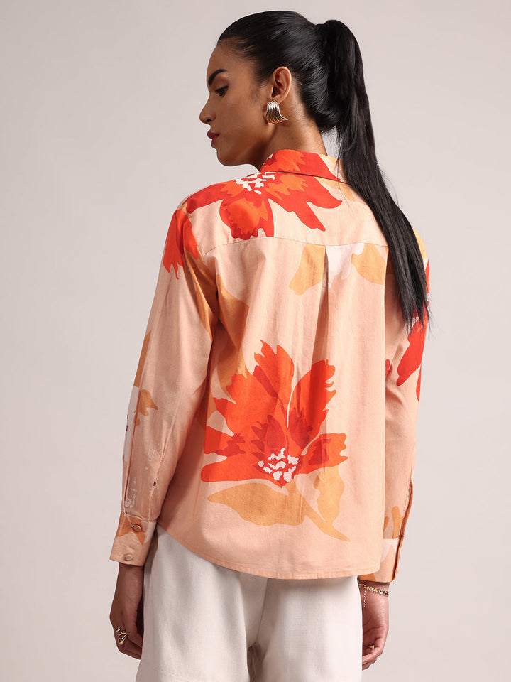 Peach Cotton Floral Shirt Top  - By Janasya