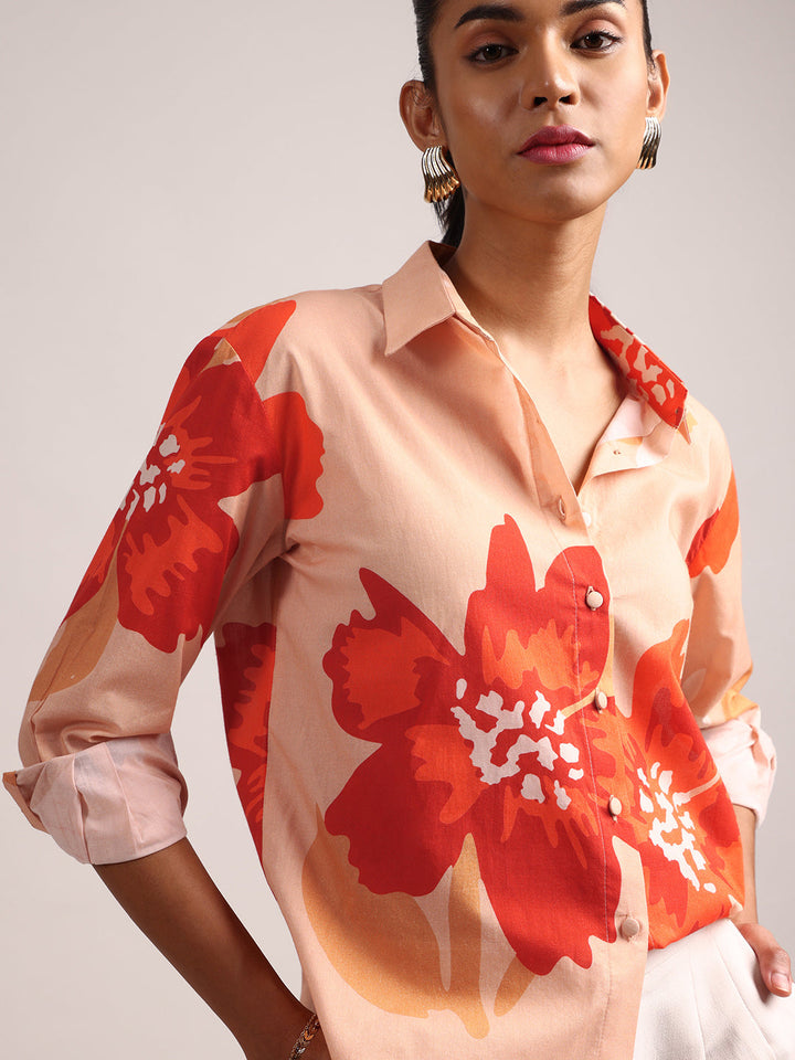 Peach Cotton Floral Shirt Top  - By Janasya