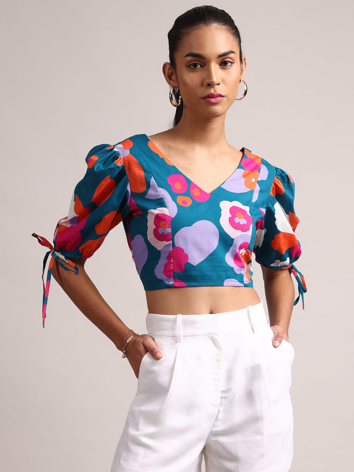 Teal Cotton Floral Crop Top  - By Janasya