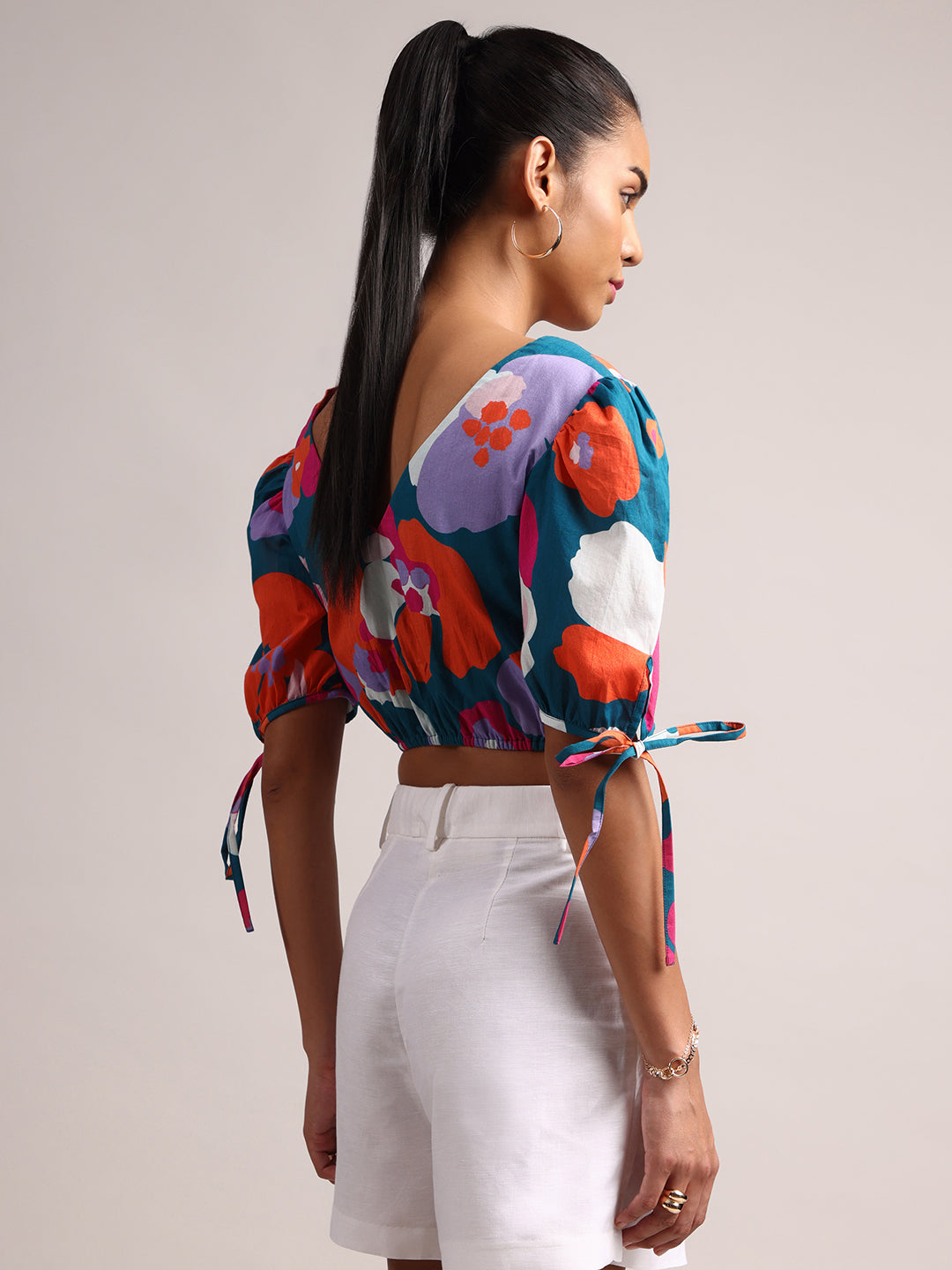 Teal Cotton Floral Crop Top  - By Janasya