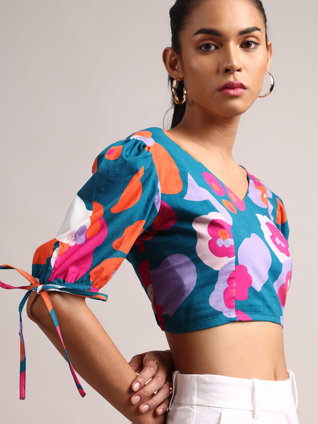 Teal Cotton Floral Crop Top  - By Janasya