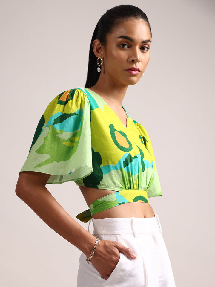 Green Cotton Floral Printed Crop Top  - By Janasya