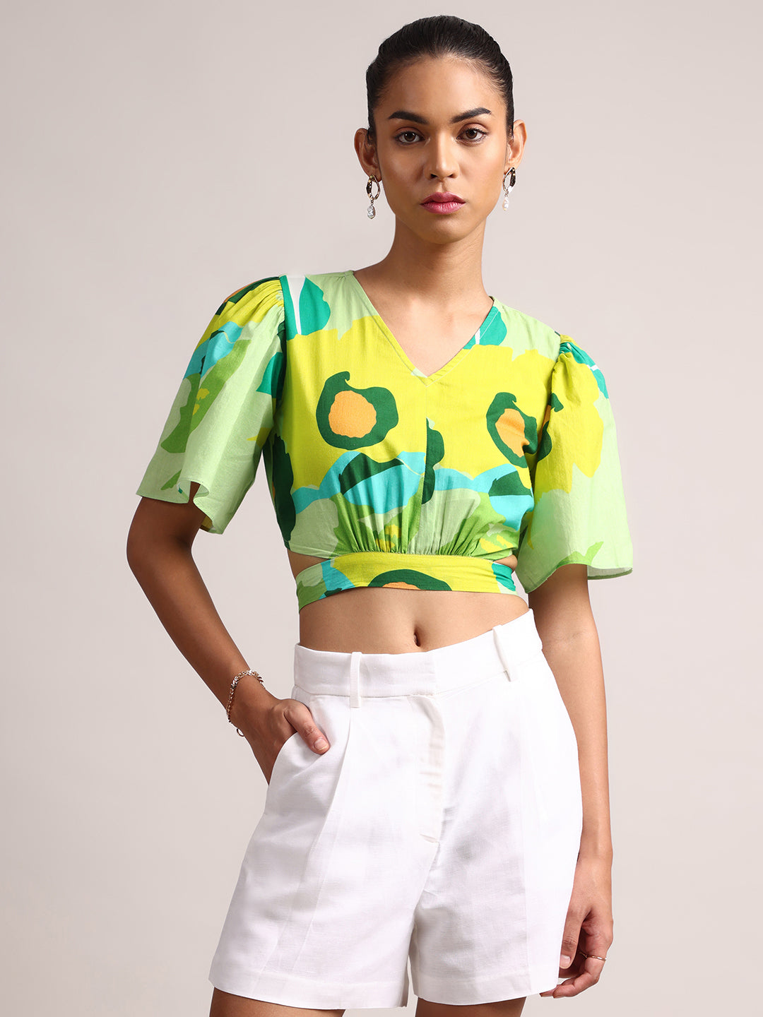 Green Cotton Floral Printed Crop Top  - By Janasya