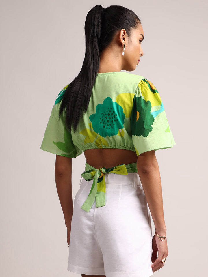 Green Cotton Floral Printed Crop Top  - By Janasya