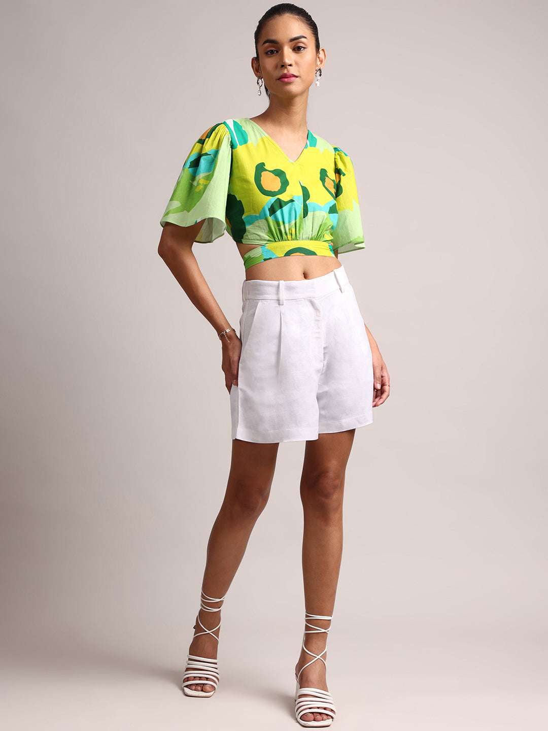 Green Cotton Floral Printed Crop Top  - By Janasya