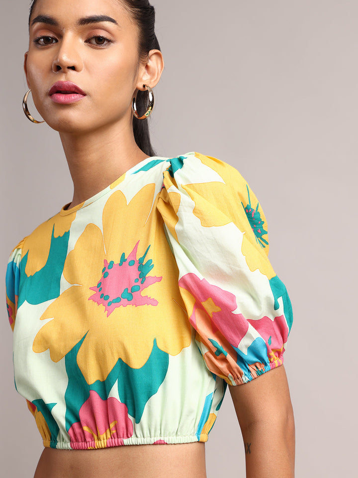 Multicolor Cotton Floral Print Crop Top  - By Janasya