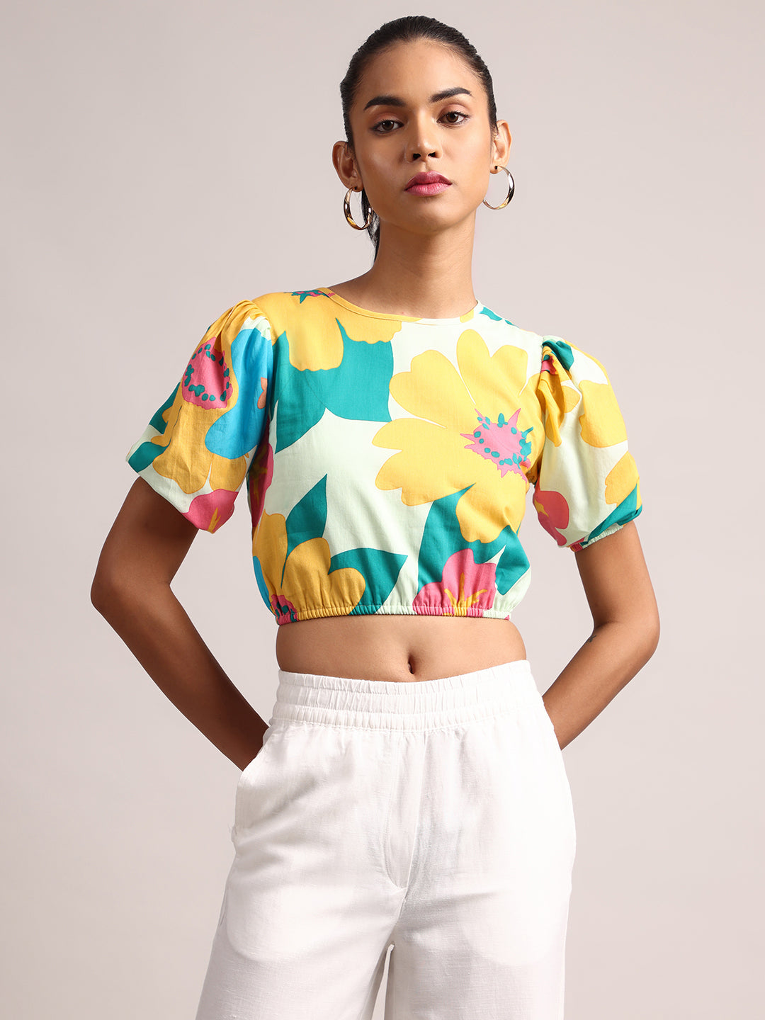 Multicolor Cotton Floral Print Crop Top  - By Janasya