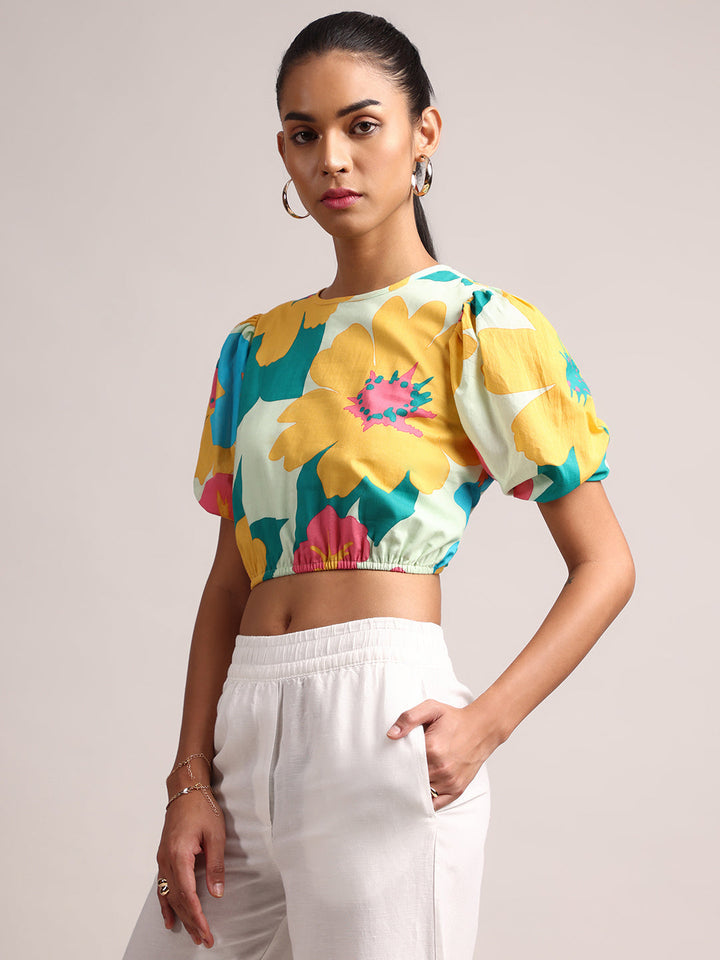 Multicolor Cotton Floral Print Crop Top  - By Janasya