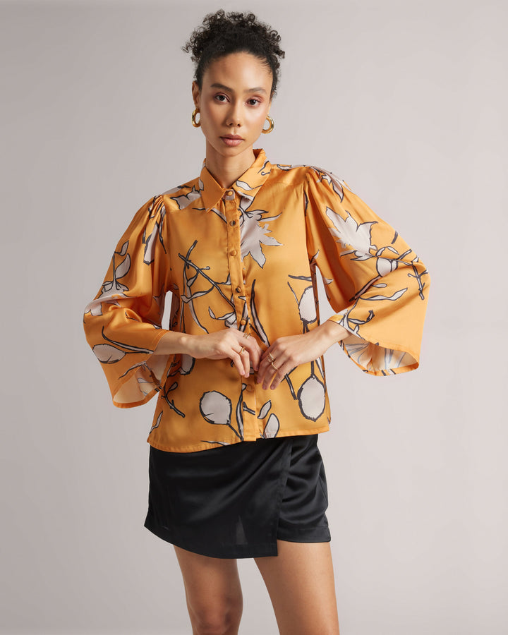 Amber Yellow Abstract Print Satin Shirt  - By Janasya