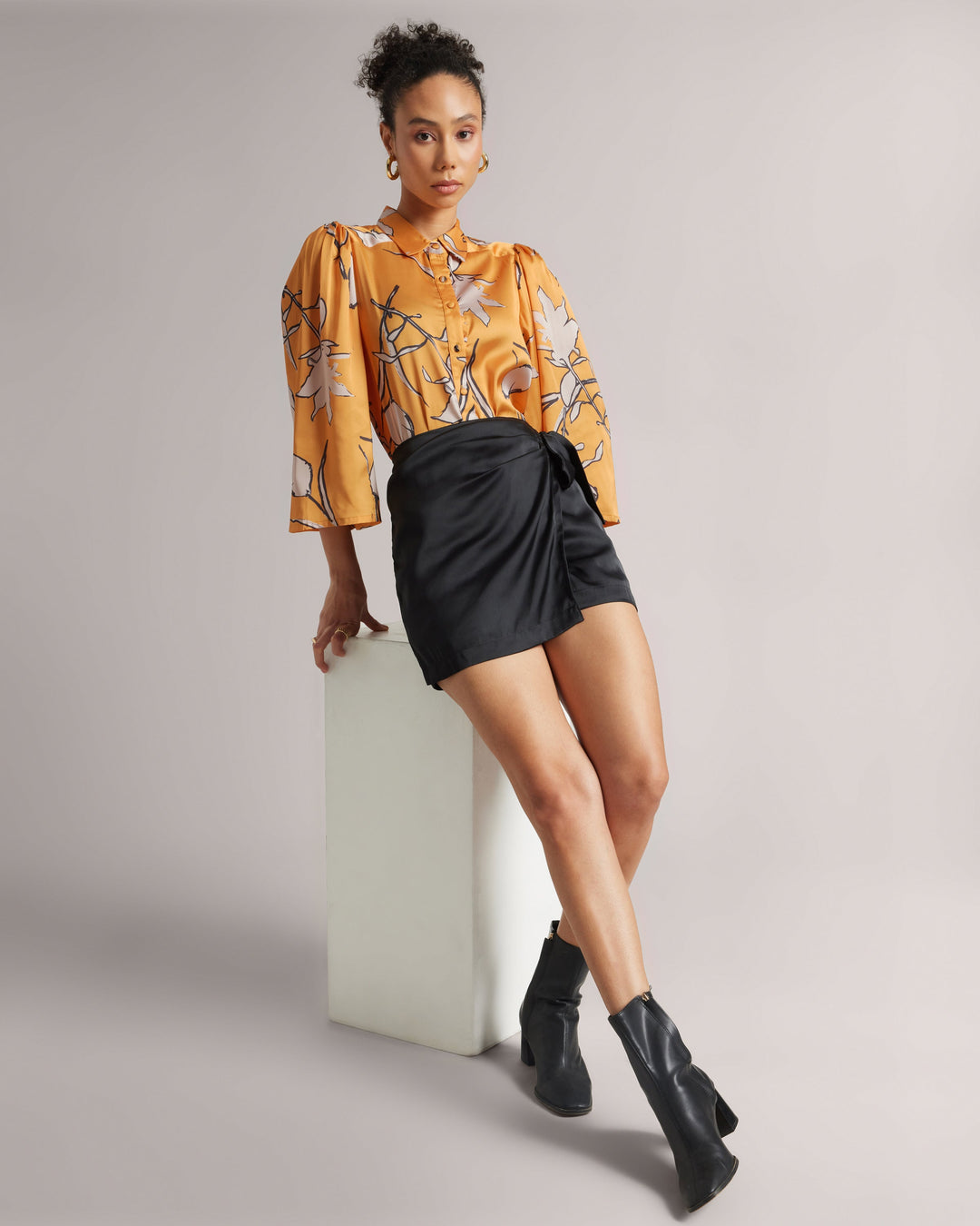 Amber Yellow Abstract Print Satin Shirt  - By Janasya