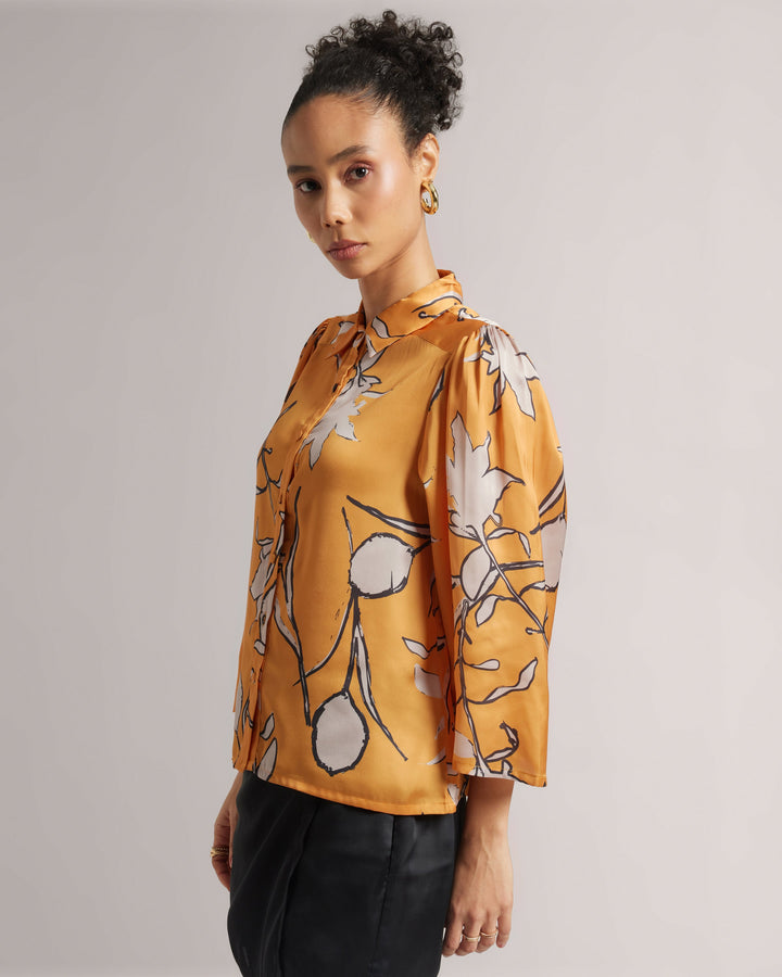 Amber Yellow Abstract Print Satin Shirt  - By Janasya