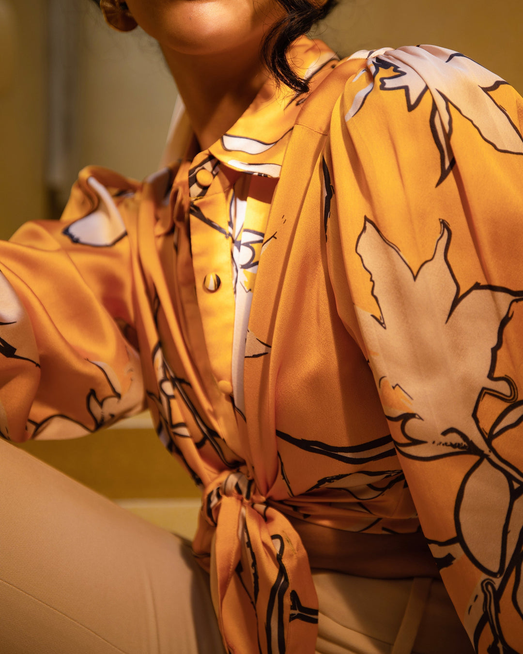 Amber Yellow Abstract Print Satin Shirt  - By Janasya