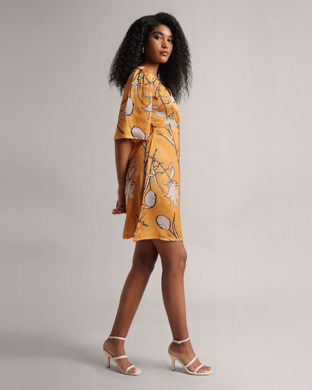 Amber Yellow Abstract Print Wrap Tie-Up Dress  - By Janasya