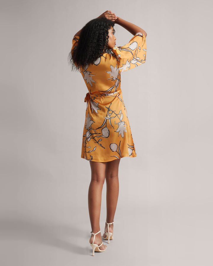 Amber Yellow Abstract Print Wrap Tie-Up Dress  - By Janasya