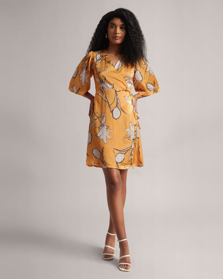 Amber Yellow Abstract Print Wrap Tie-Up Dress  - By Janasya