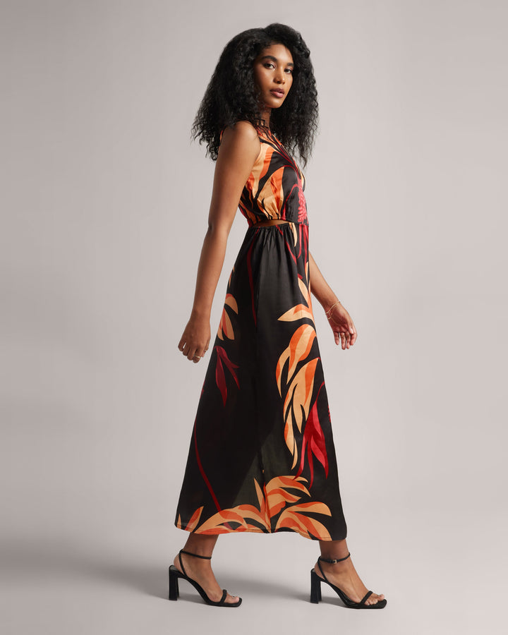 Black Fiery Printed One-Shoulder Slit Maxi Dress  - By Janasya