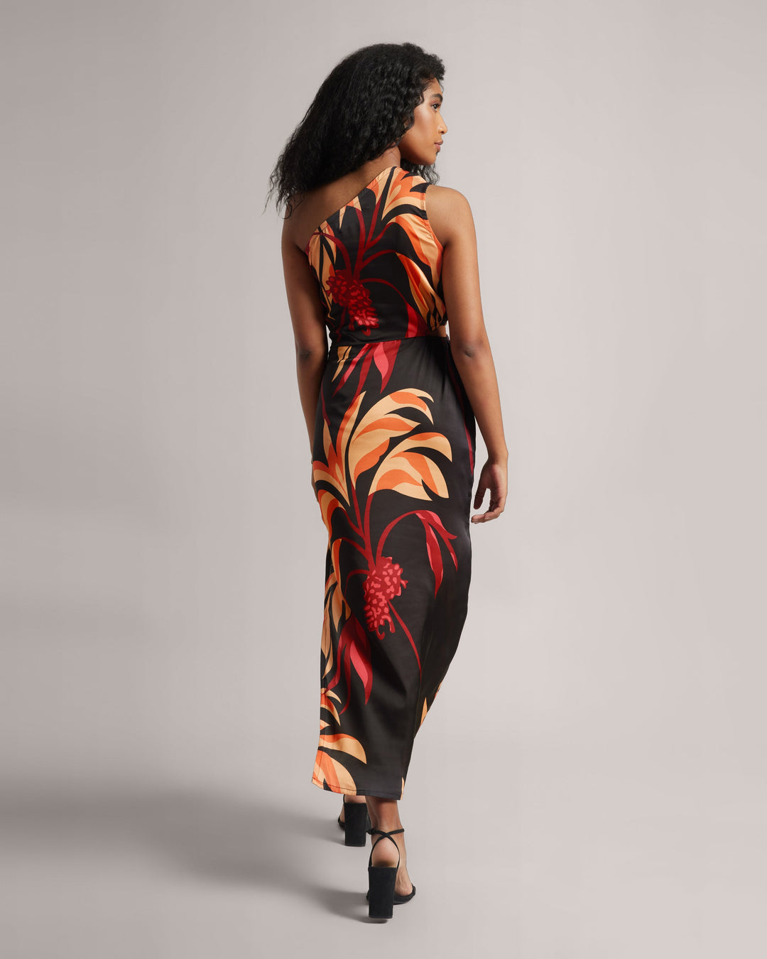 Black Fiery Printed One-Shoulder Slit Maxi Dress  - By Janasya