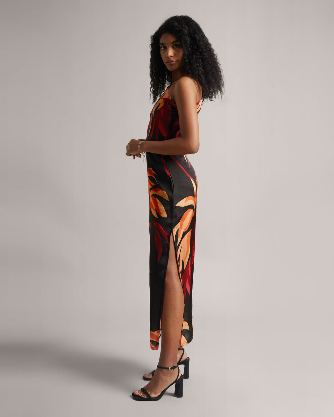 Black Fiery Printed One-Shoulder Slit Maxi Dress  - By Janasya