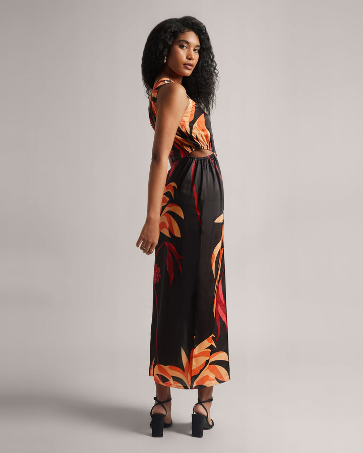 Black Fiery Printed One-Shoulder Slit Maxi Dress  - By Janasya