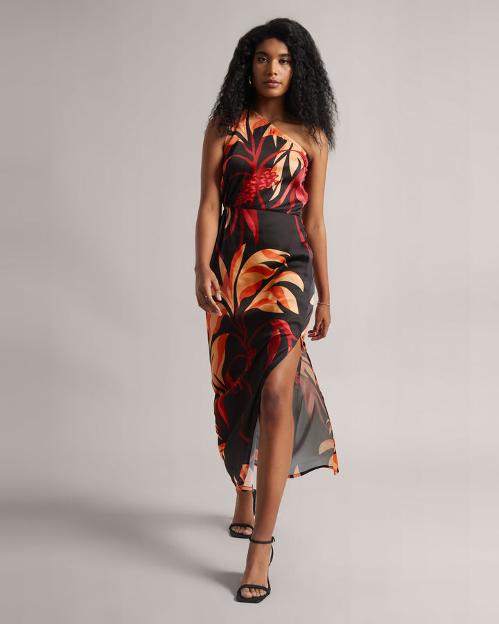 Black Fiery Printed One-Shoulder Slit Maxi Dress  - By Janasya