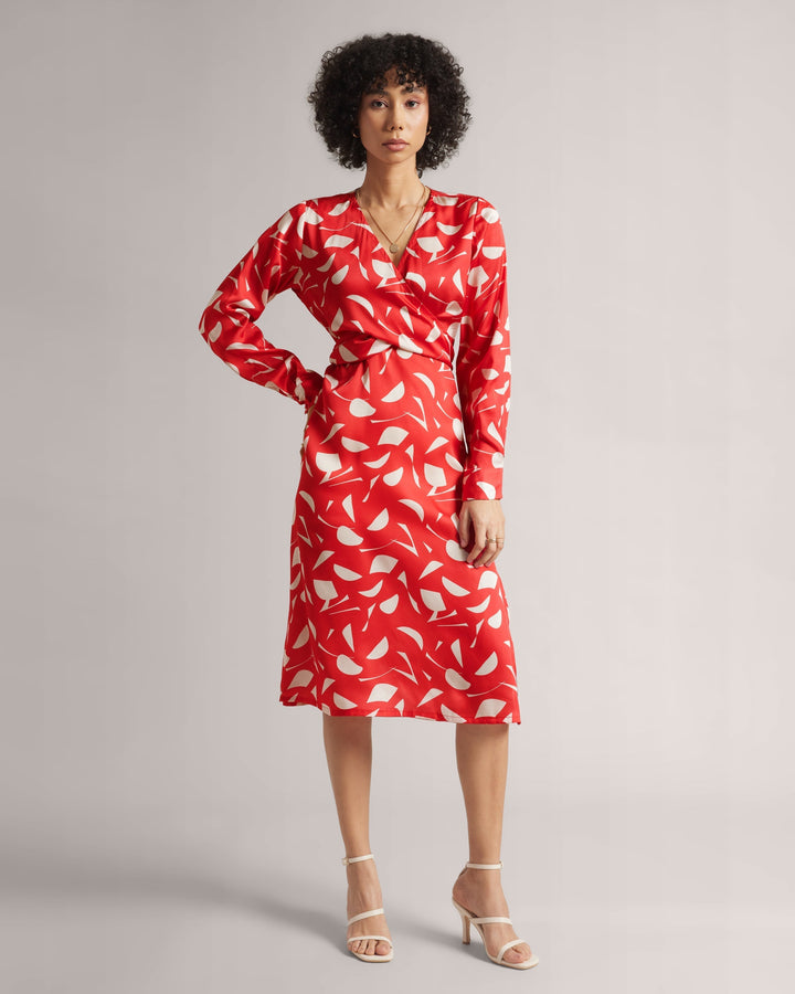 Red Abstract Print Wrap Dress With Side Slit  - By Janasya