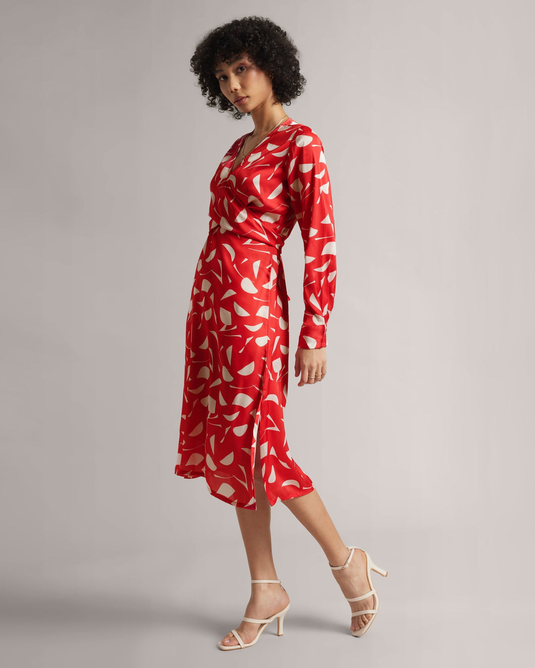 Red Abstract Print Wrap Dress With Side Slit  - By Janasya