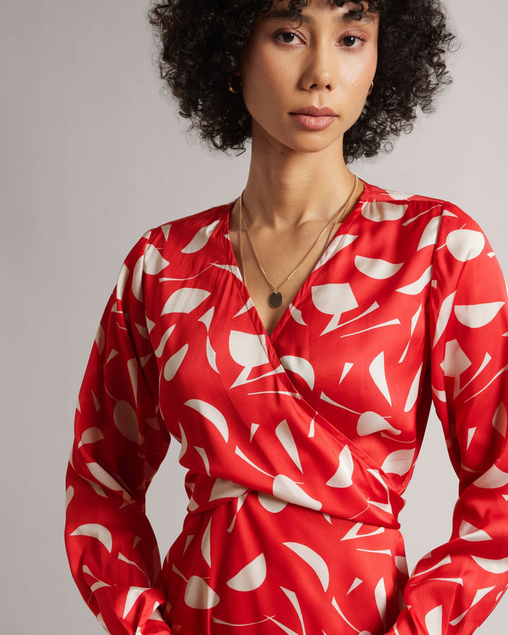 Red Abstract Print Wrap Dress With Side Slit  - By Janasya