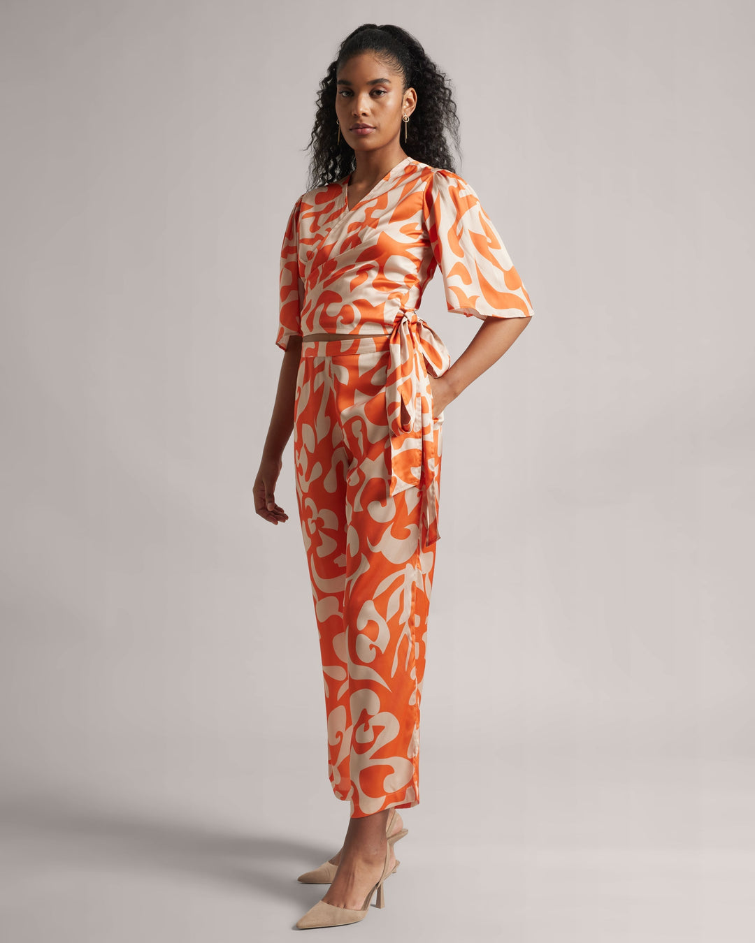 Abstract Print Orange Co-Ord Set with Side Tie-Up  - By Janasya