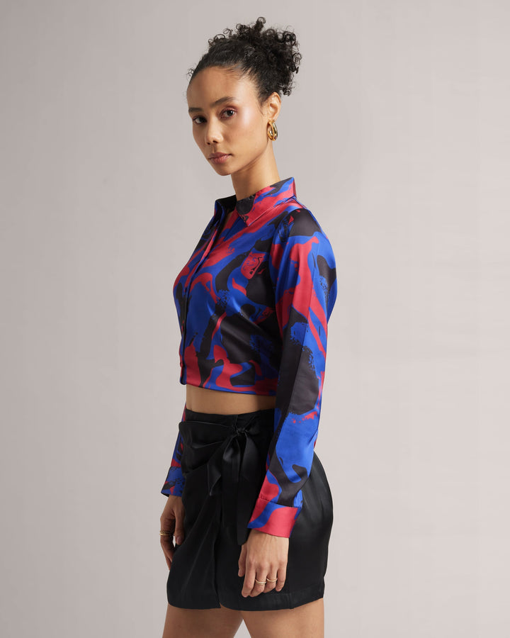 Royal Blue Button Down Crop Print Shirt  - By Janasya