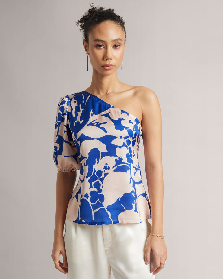 Royal Blue Abstract One-Shoulder A-Line Top  - By Janasya