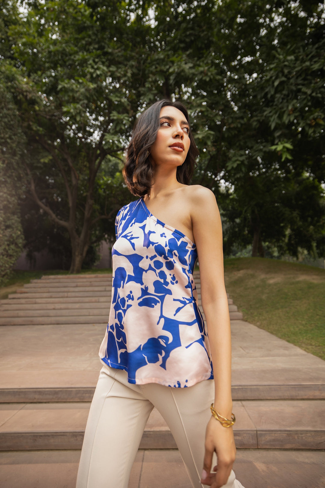 Royal Blue Abstract One-Shoulder A-Line Top  - By Janasya