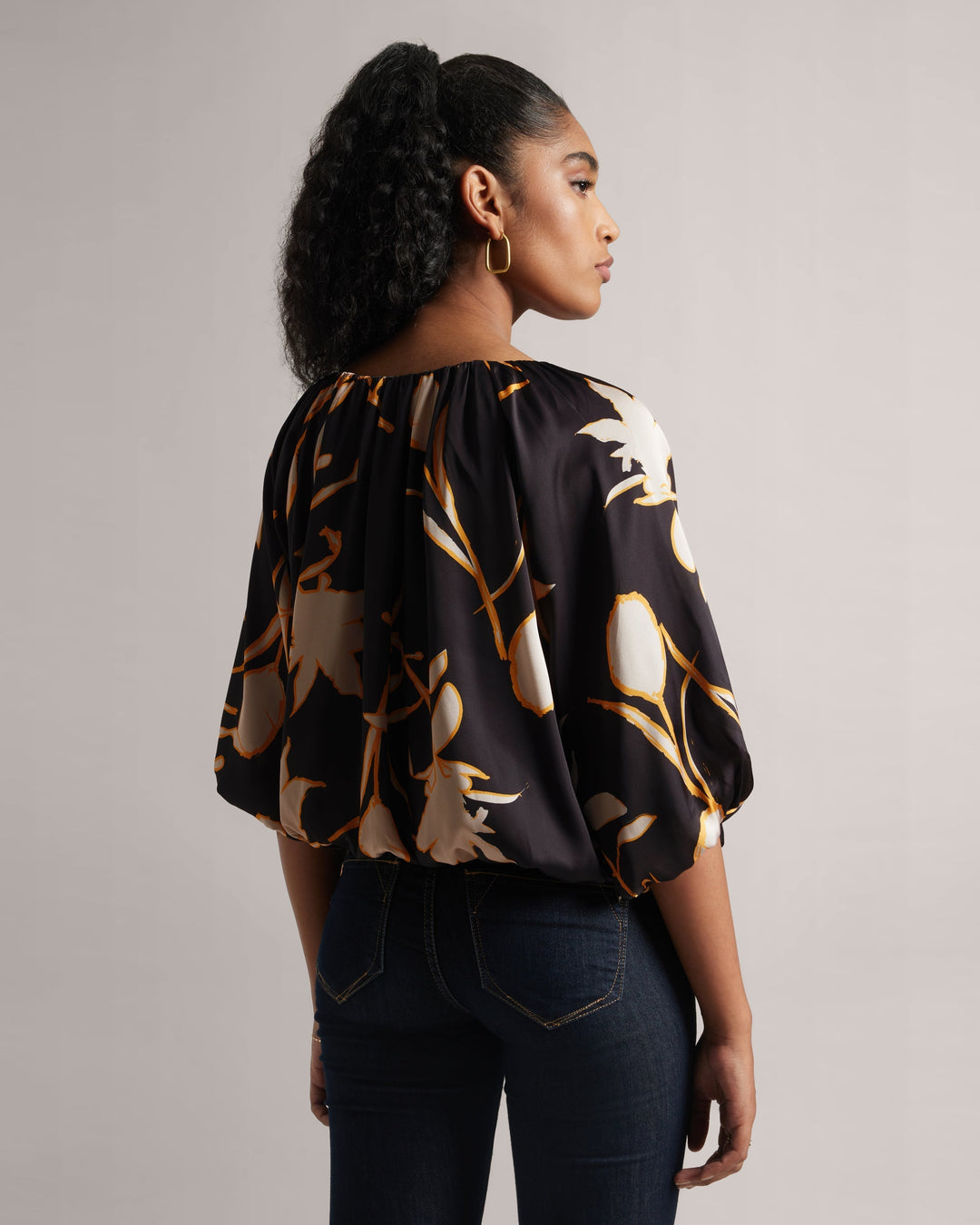 Black Abstract Floral Boatneck Top  - By Janasya