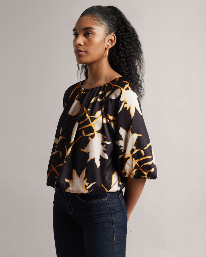 Black Abstract Floral Boatneck Top  - By Janasya