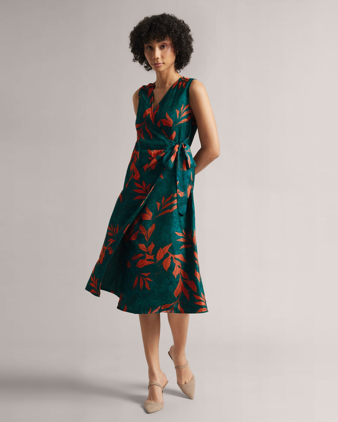 Dark Teal Floral Wrap Midi Dress  - By Janasya