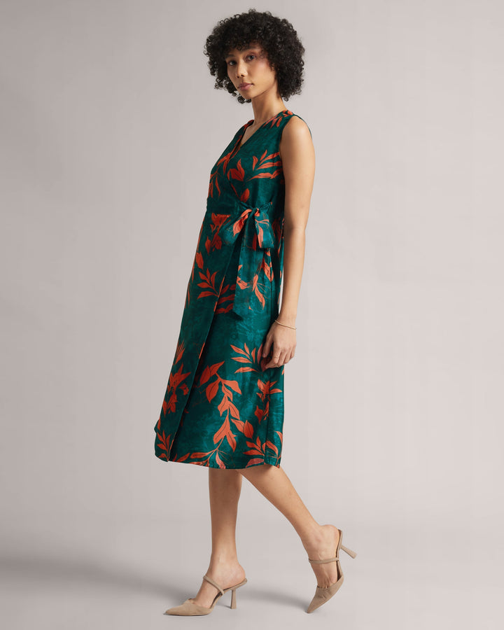 Dark Teal Floral Wrap Midi Dress  - By Janasya