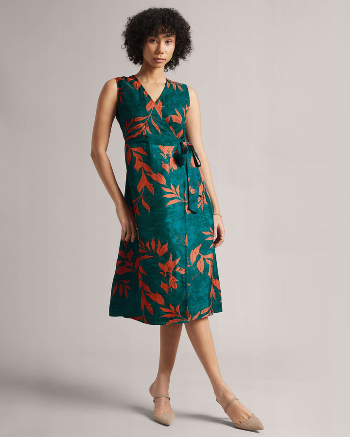 Dark Teal Floral Wrap Midi Dress  - By Janasya