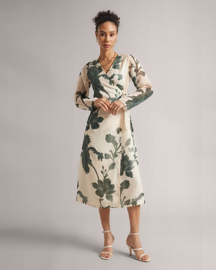 Cream Wrap Dress With Green Floral Print  - By Janasya