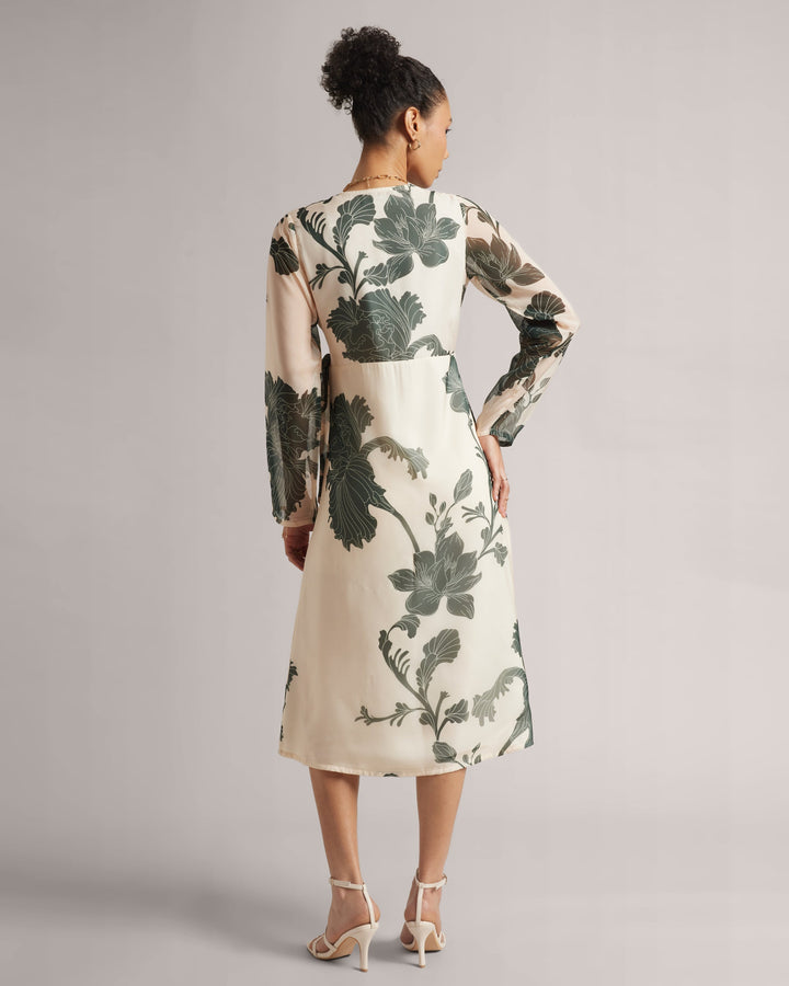 Cream Wrap Dress With Green Floral Print  - By Janasya