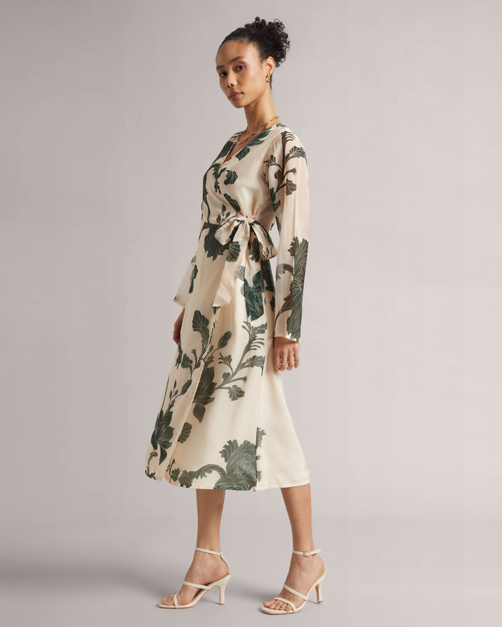 Cream Wrap Dress With Green Floral Print  - By Janasya