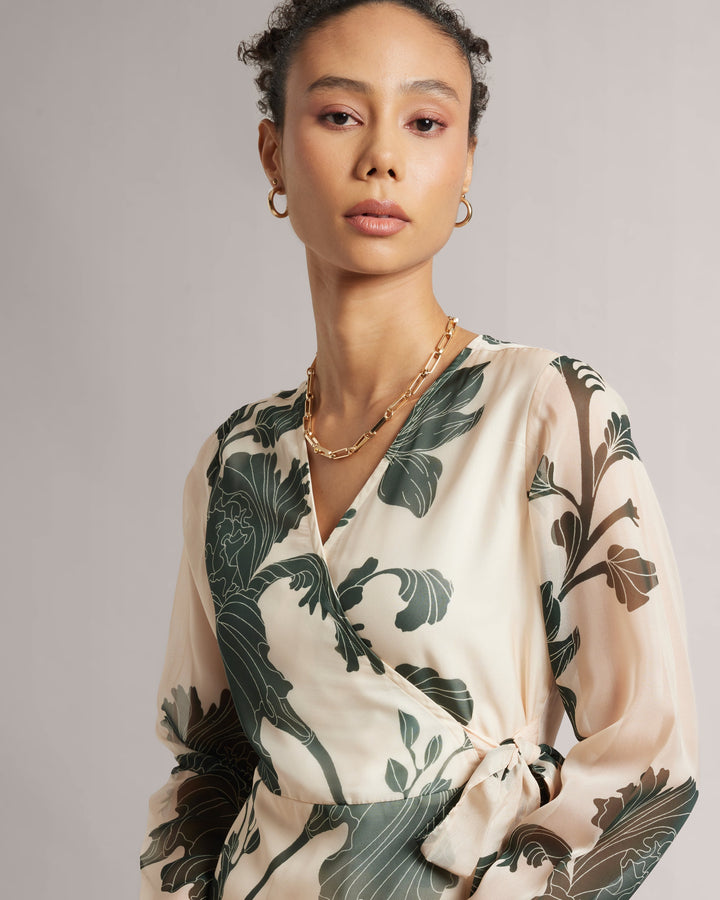 Cream Wrap Dress With Green Floral Print  - By Janasya