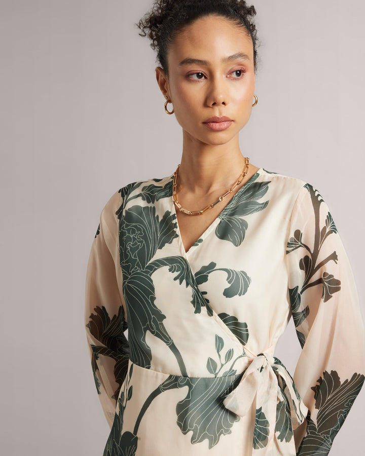 Cream Wrap Dress With Green Floral Print  - By Janasya