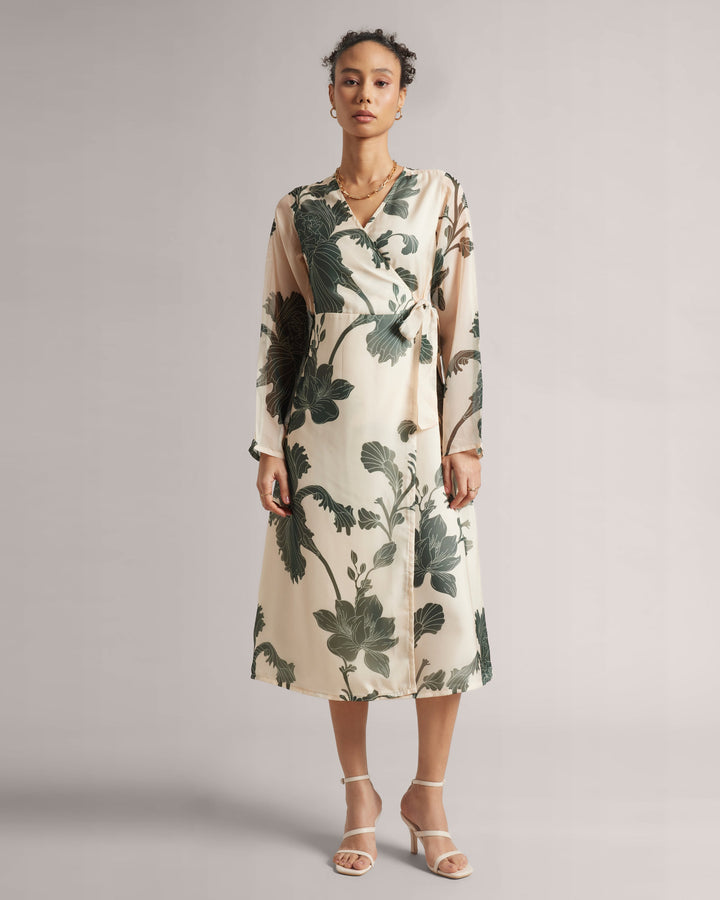 Cream Wrap Dress With Green Floral Print  - By Janasya