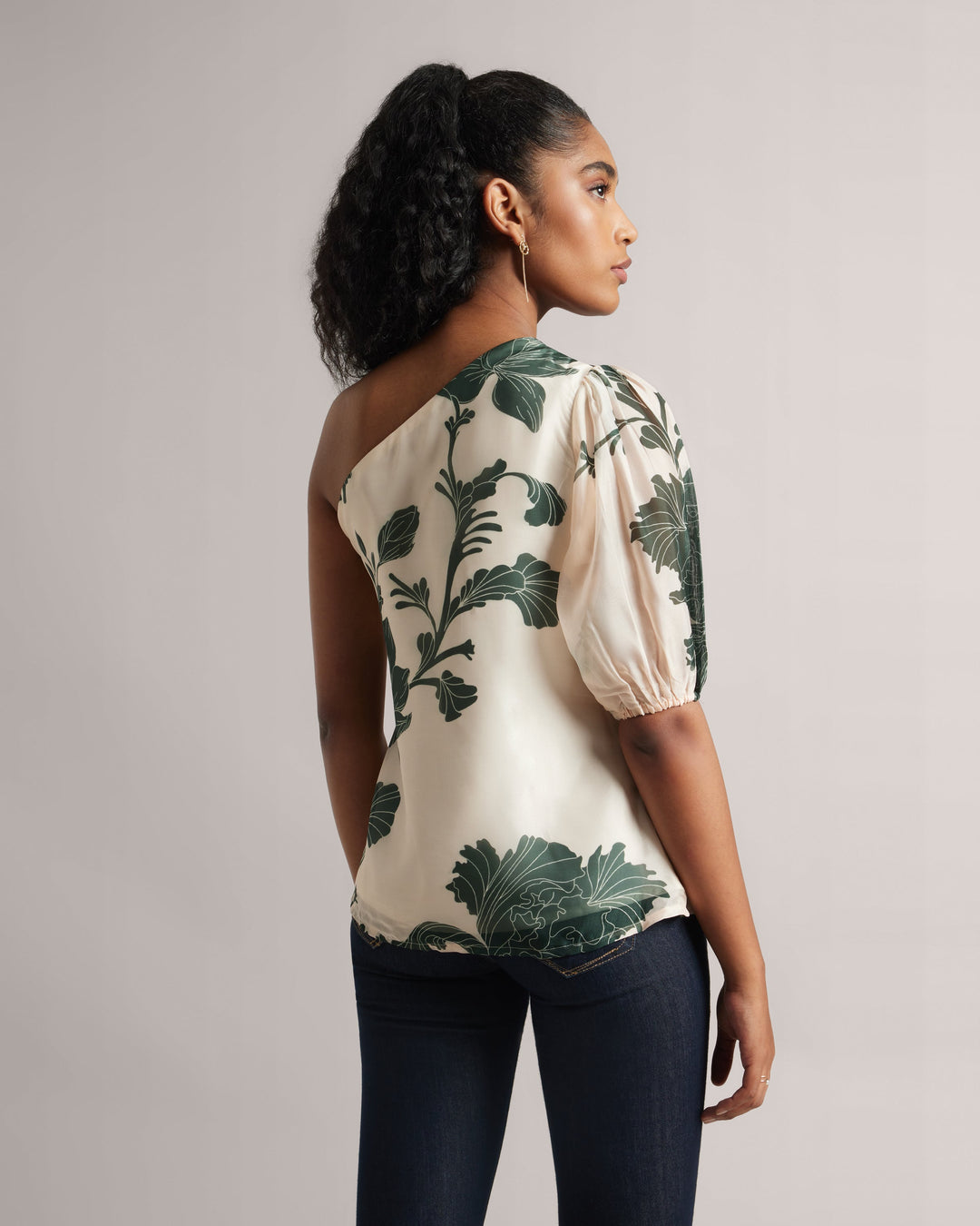 Cream  One-Shoulder A-Line Top With Green Floral Print  - By Janasya