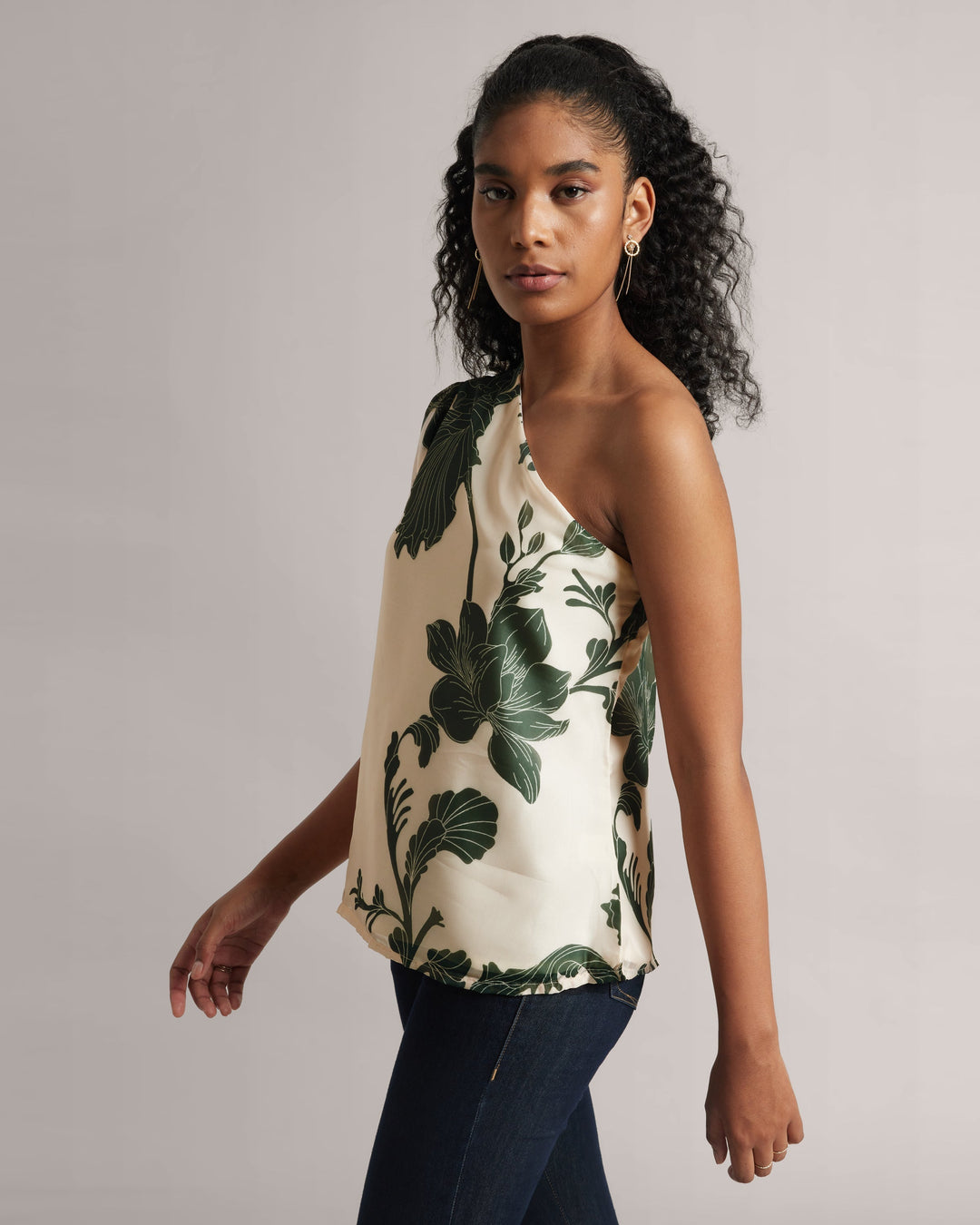 Cream  One-Shoulder A-Line Top With Green Floral Print  - By Janasya