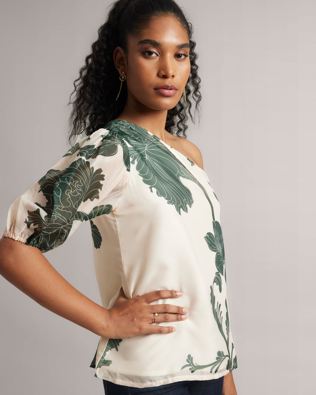 Cream  One-Shoulder A-Line Top With Green Floral Print  - By Janasya